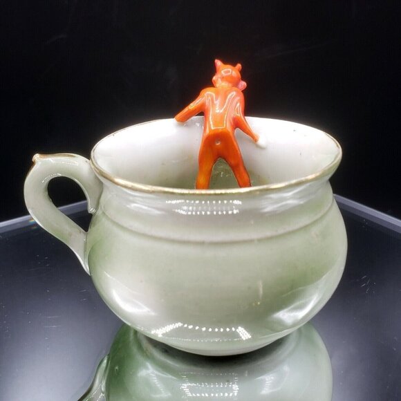Victorian Fairing Red Devil in Cup Miniature Porcelain Carnival Prize 1890s - Picture 6 of 9
